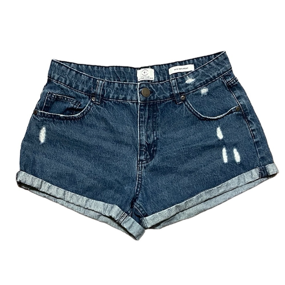Cotton on blue mid rise jean shorts denim shorts cuffed lightly distressed